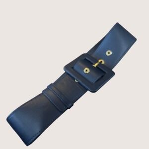 Michael Kors Womens Wide Waist Belt Navy Blue Faux Leather Gold Hardware XS